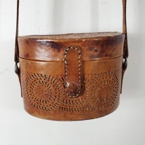 Vintage Western Genuine Tooled Leather Brown Woven Women's Crossbody Purse Bag